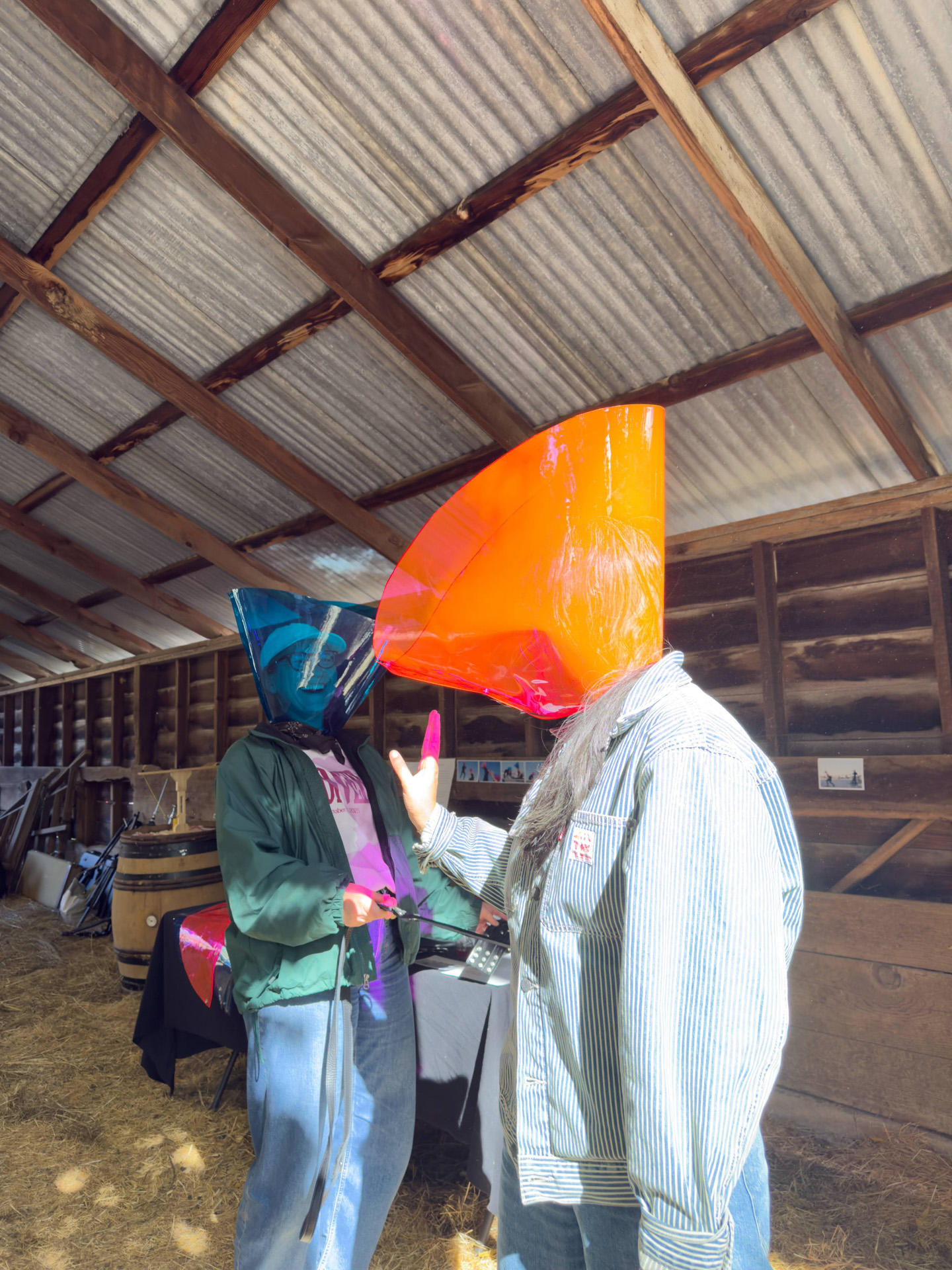 Colorful mask workshop inside barn